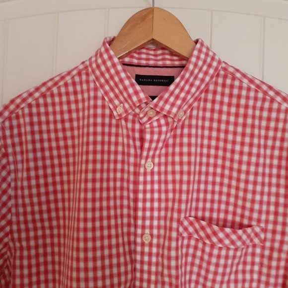 Banana Republic 100s 2-Ply Cotton Short Sleeve Button Down Red Check Size LT - Picture 4 of 9